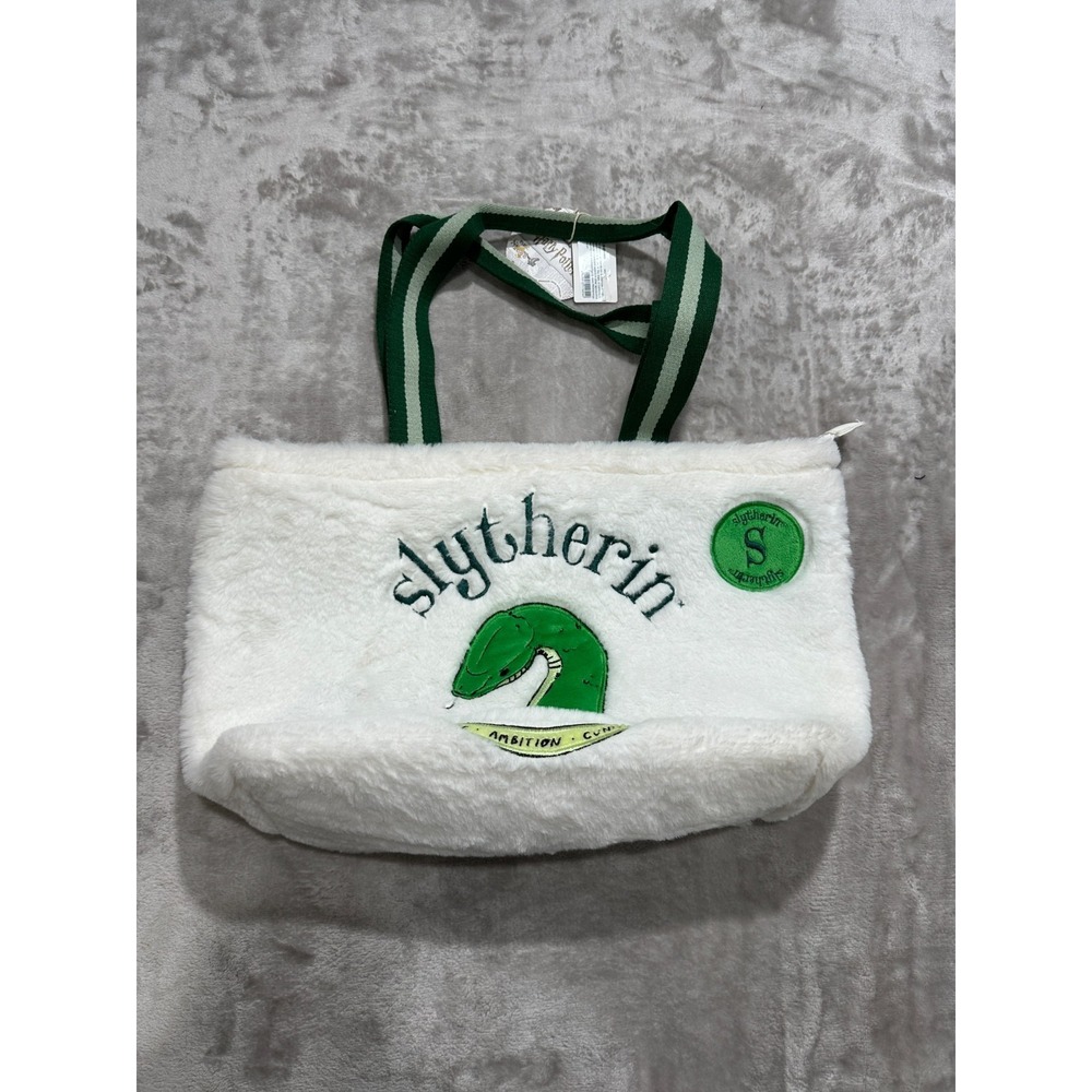 Harry Potter Slytherin Shoulder Tote Bag White Faux Fur Handle Soft NWT